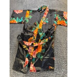 Women's Satin Floral Kimono Robe – Black with Bright Rose Print – Size 6 – Belt